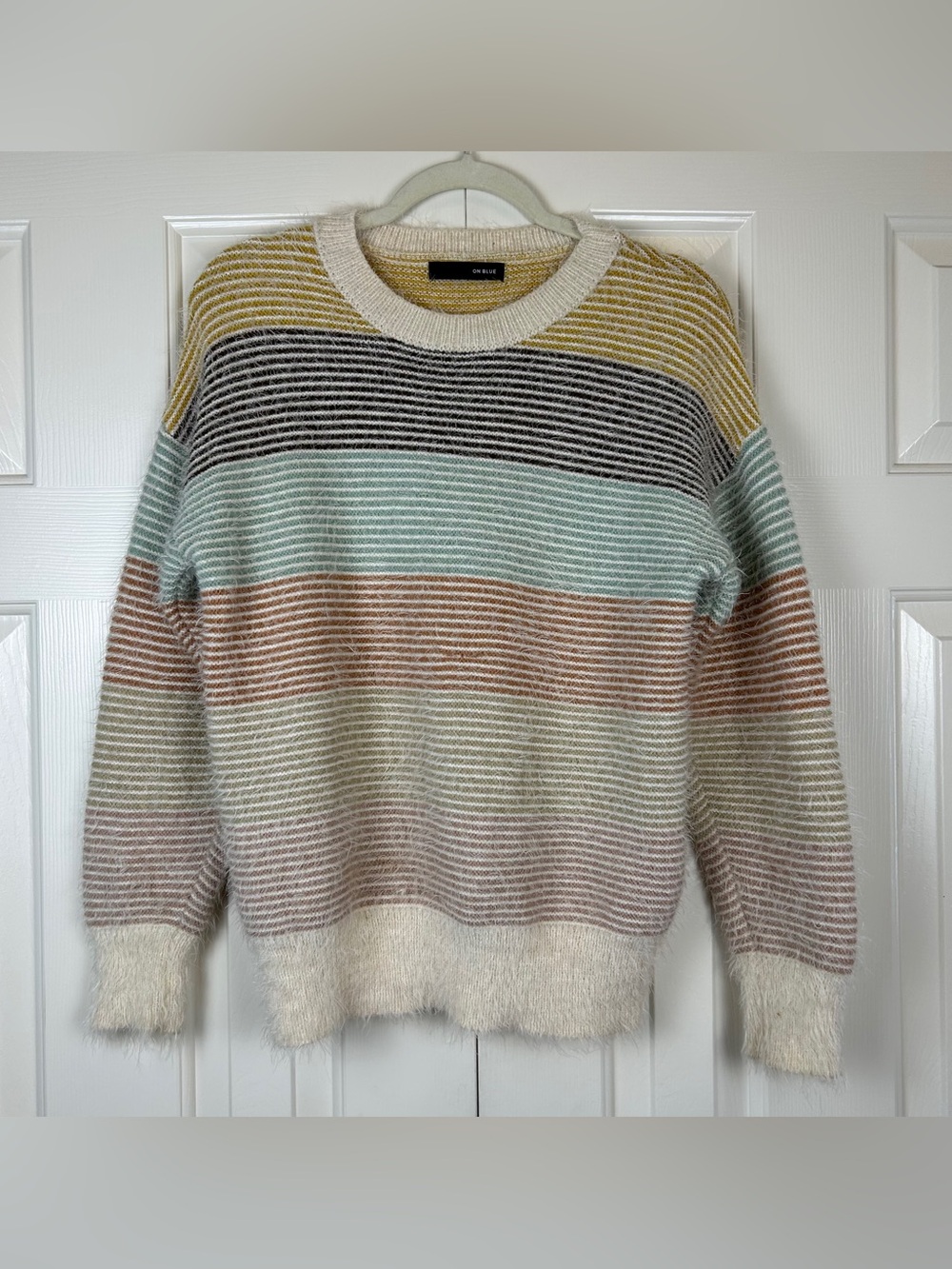 On Blue Striped Fuzzy Crewneck Sweater